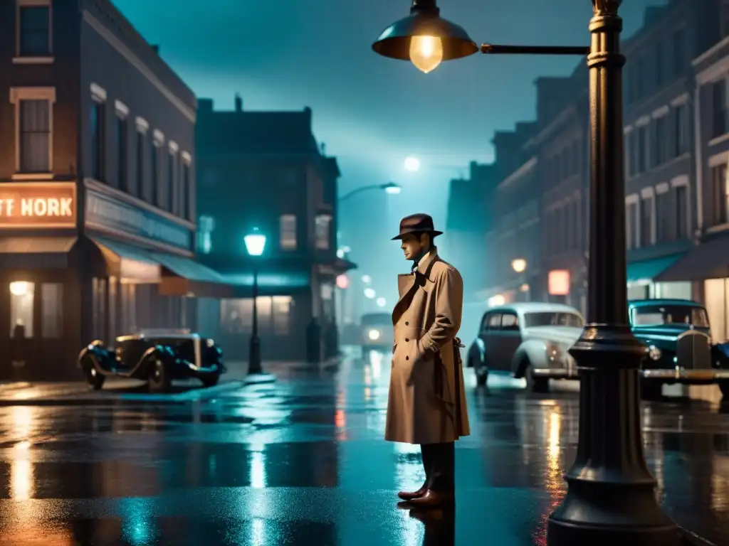 Un misterioso detective de noir bajo una farola en la lluvia, creando atmósfera de intriga y suspense con evolución detectives literatura inspiración