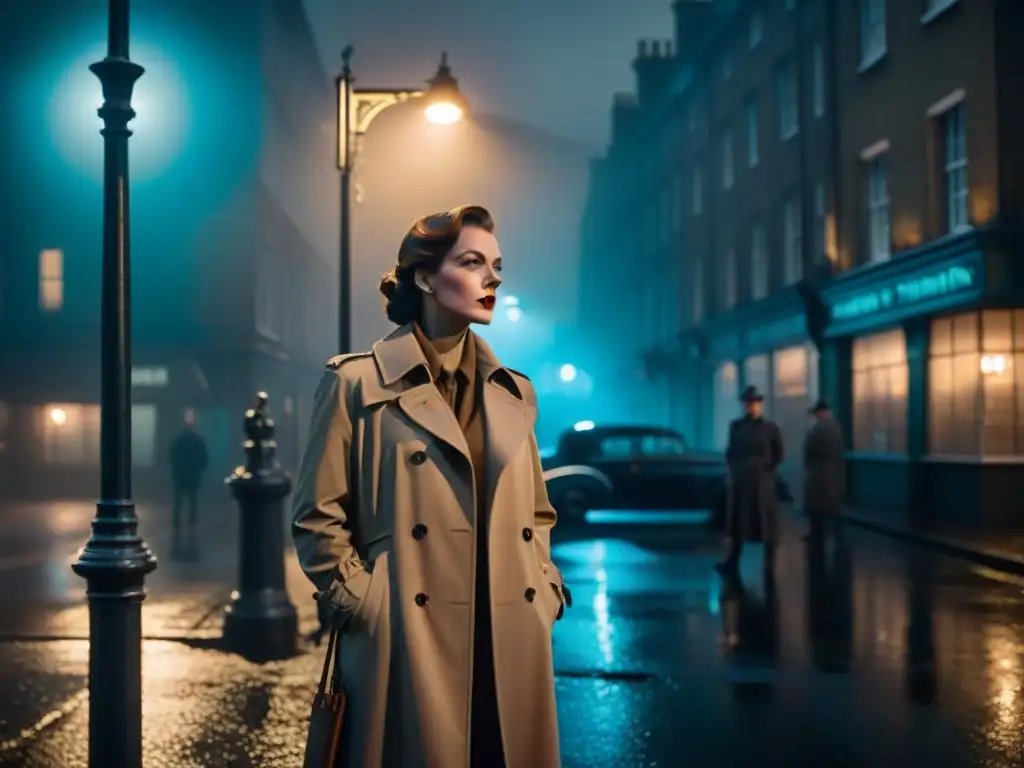 Un misterioso detective en The Crown, bajo una farola en la neblinosa calle de Londres