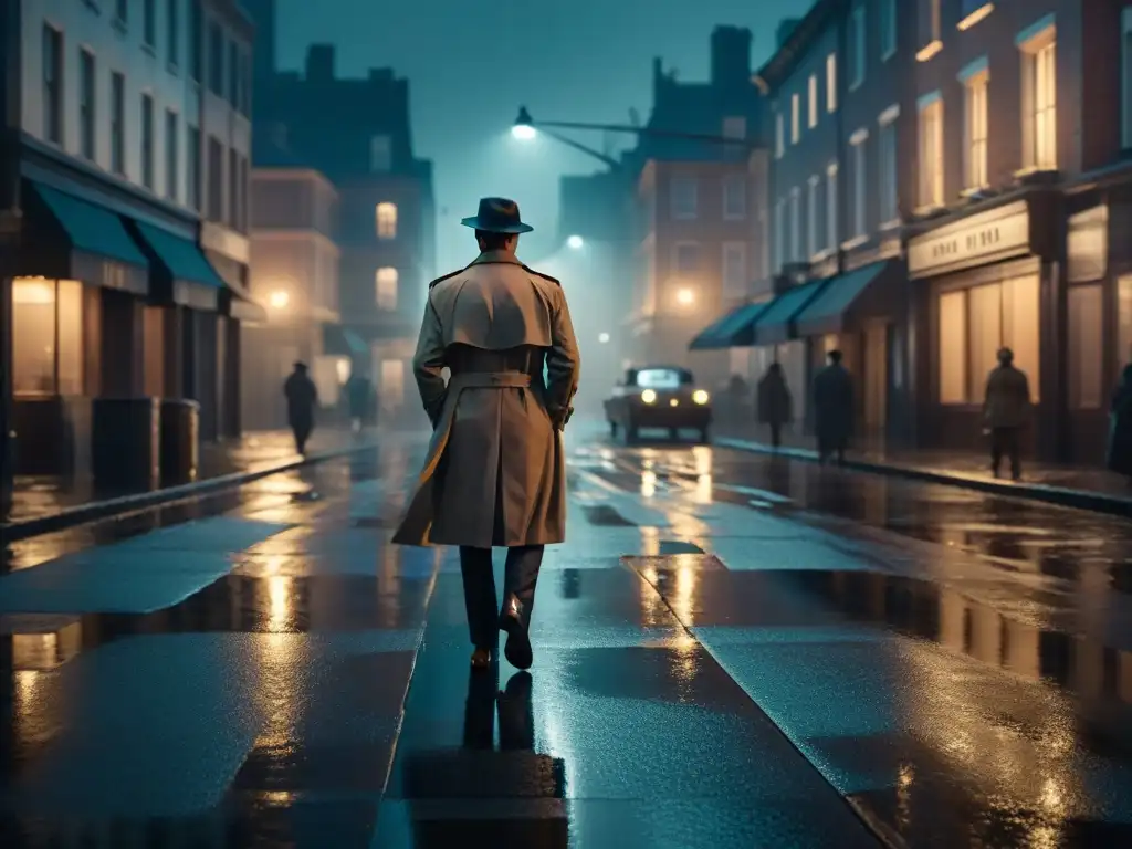 Un misterioso detective camina bajo la lluvia en una calle nocturna, en estilo Film Noir