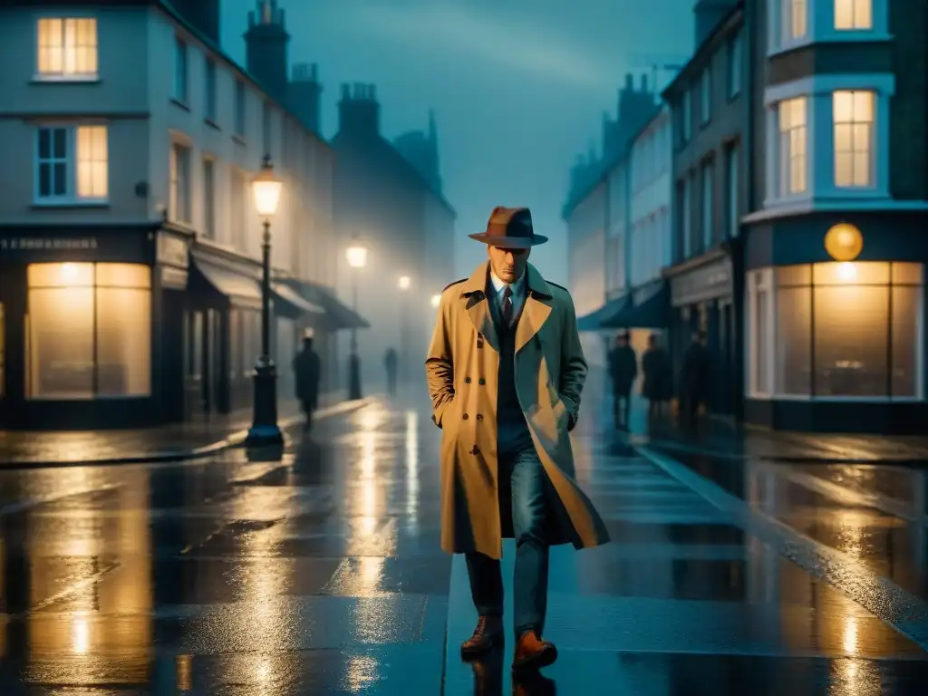 Un misterioso detective bajo la lluvia en una calle solitaria, capturando la esencia de 'Broadchurch'