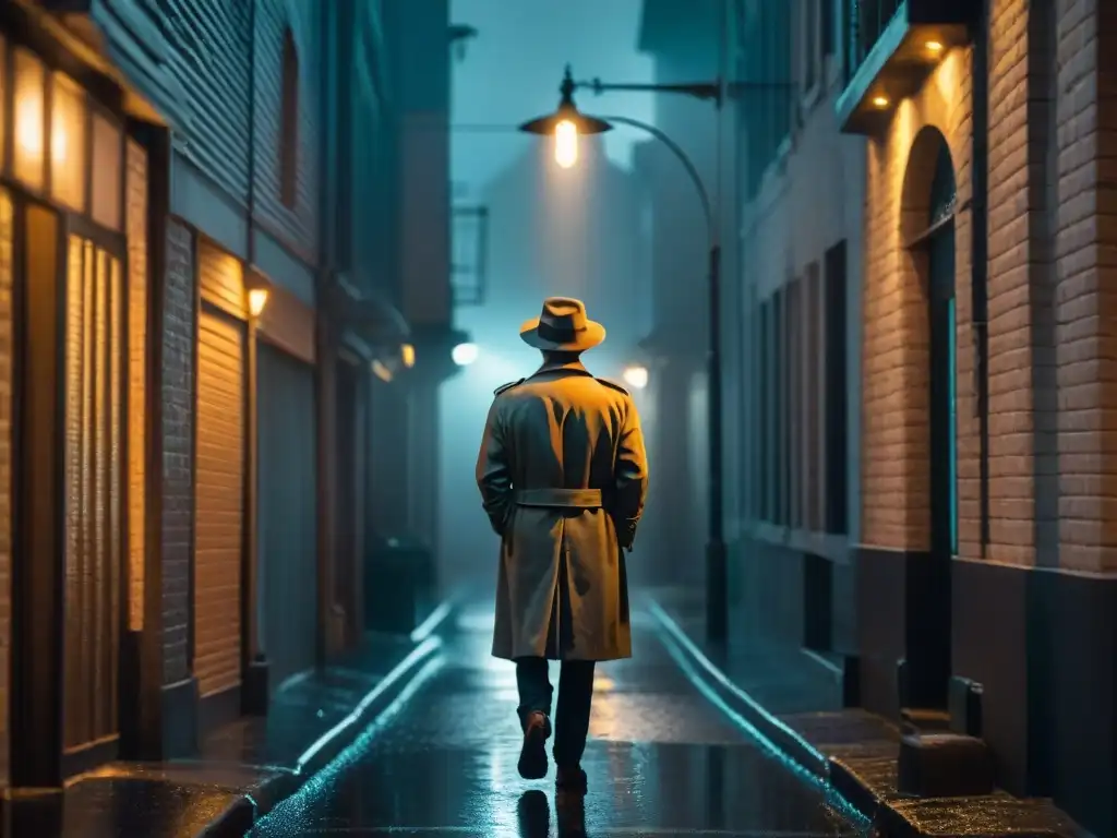 Misterioso detective bajo la lluvia en un callejón oscuro, evocando la estética noir