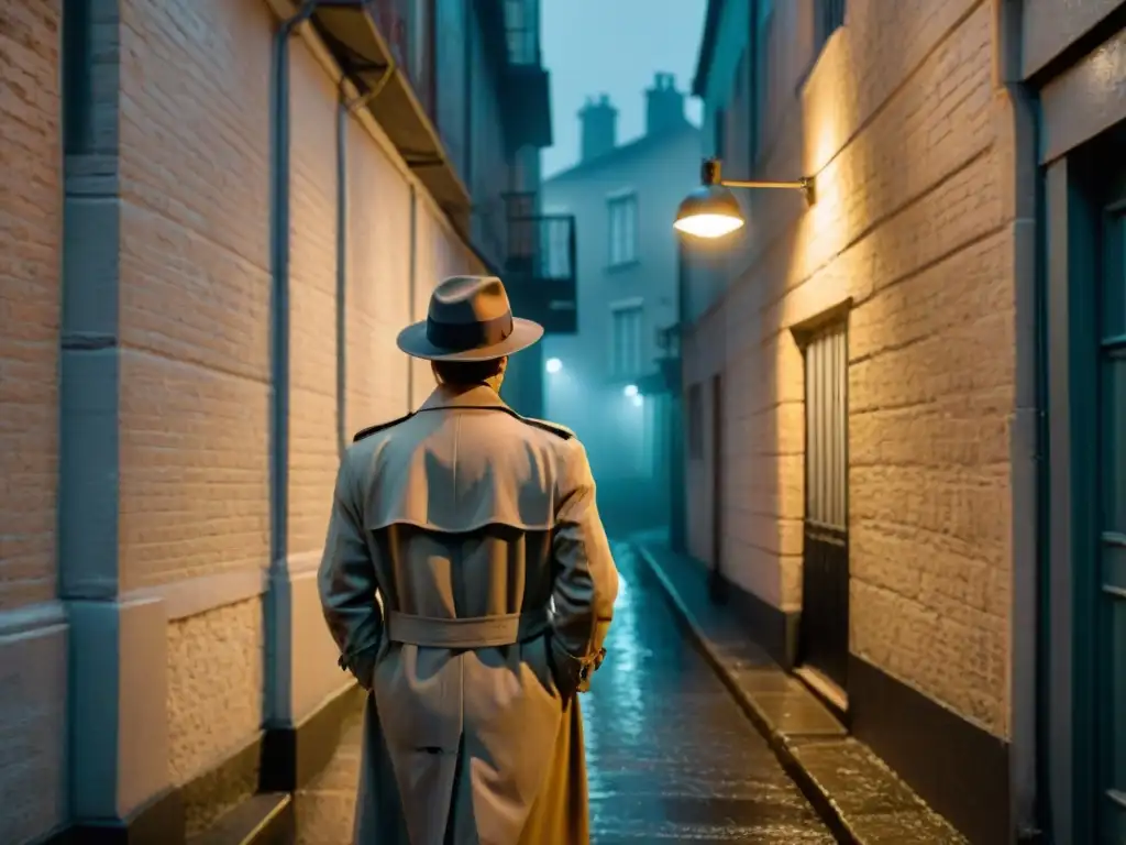 Un misterioso detective bajo la lluvia en un callejón oscuro, evocando el ambiente de 'El sexto sentido'