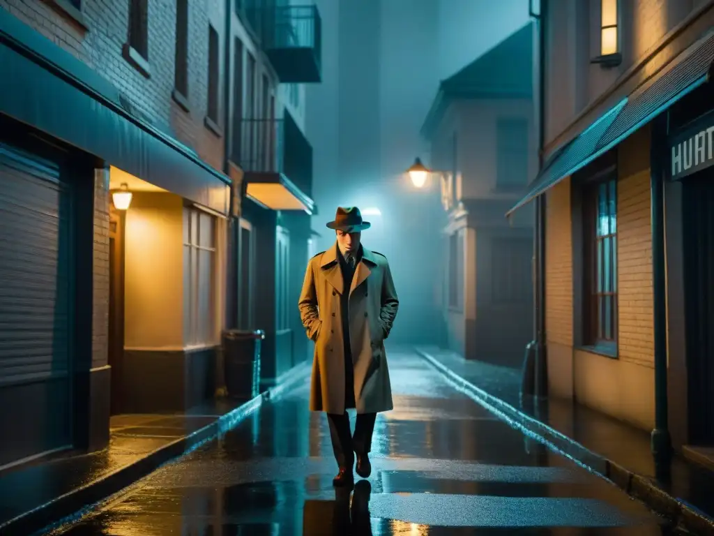 Un misterioso detective bajo la lluvia en un callejón oscuro, evocando el ambiente del cine noir