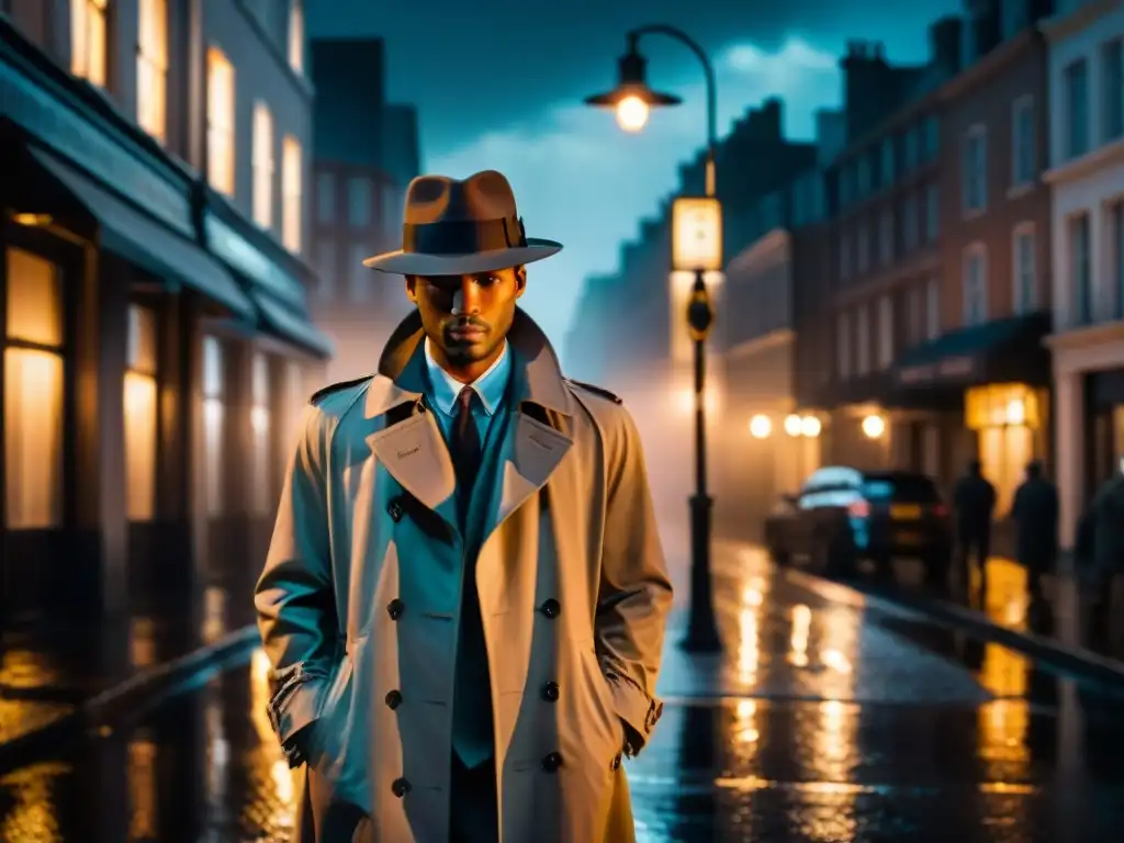 Misterioso detective bajo farola en la lluvia nocturna Un misterioso detective en la lluvia de la ciudad, evocando el estilo del cine noir