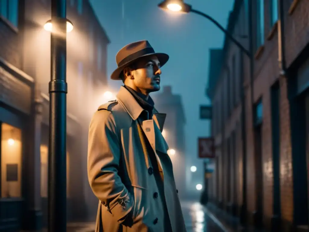 Un misterioso detective bajo la lluvia en un escenario noir urbano