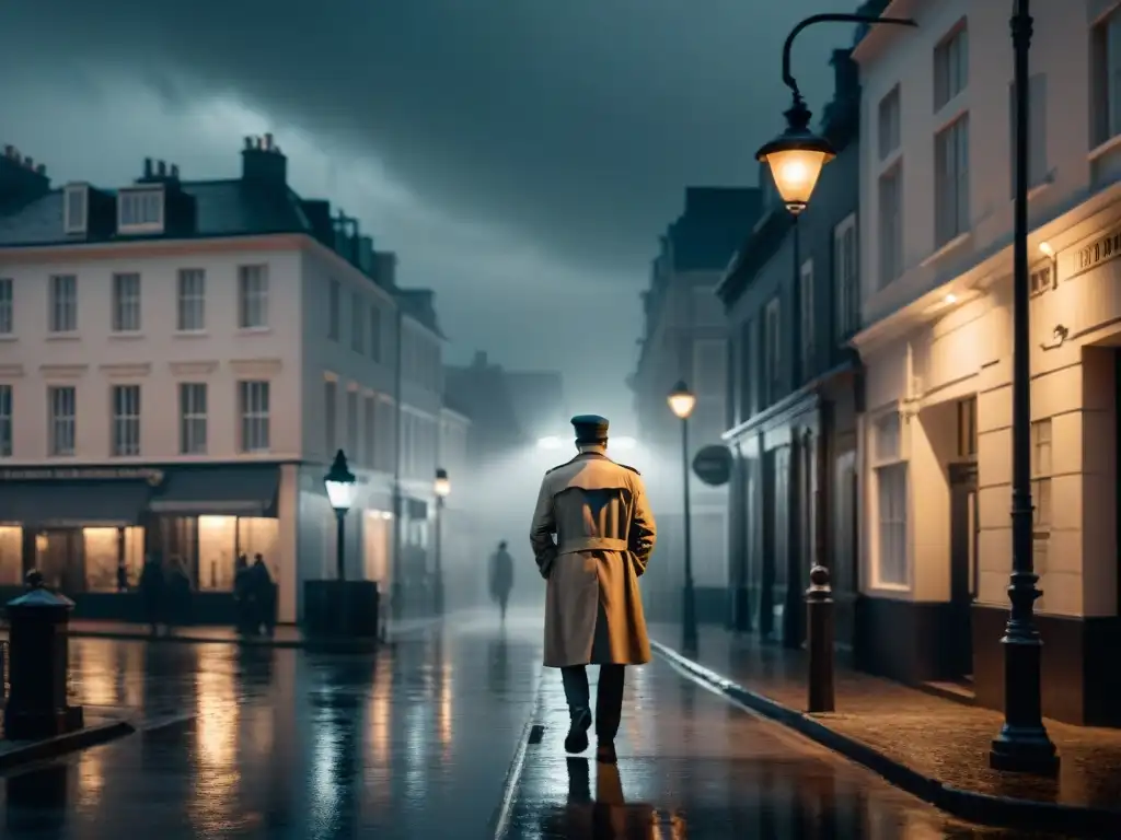 Un misterioso detective en la lluvia, bajo una farola titilante, evoca el ambiente de 'Análisis detectives Marcella temporada 3'