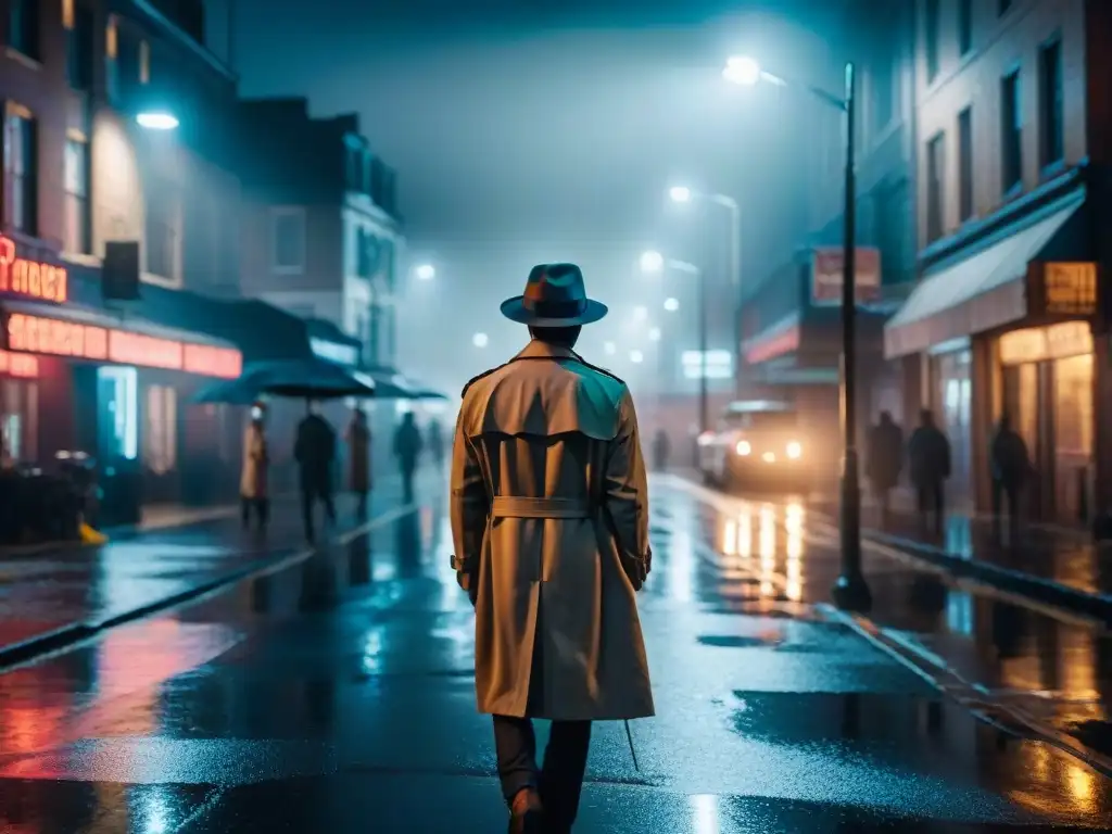 Un misterioso detective bajo la lluvia nocturna, mezcla humor negro crimen Fargo