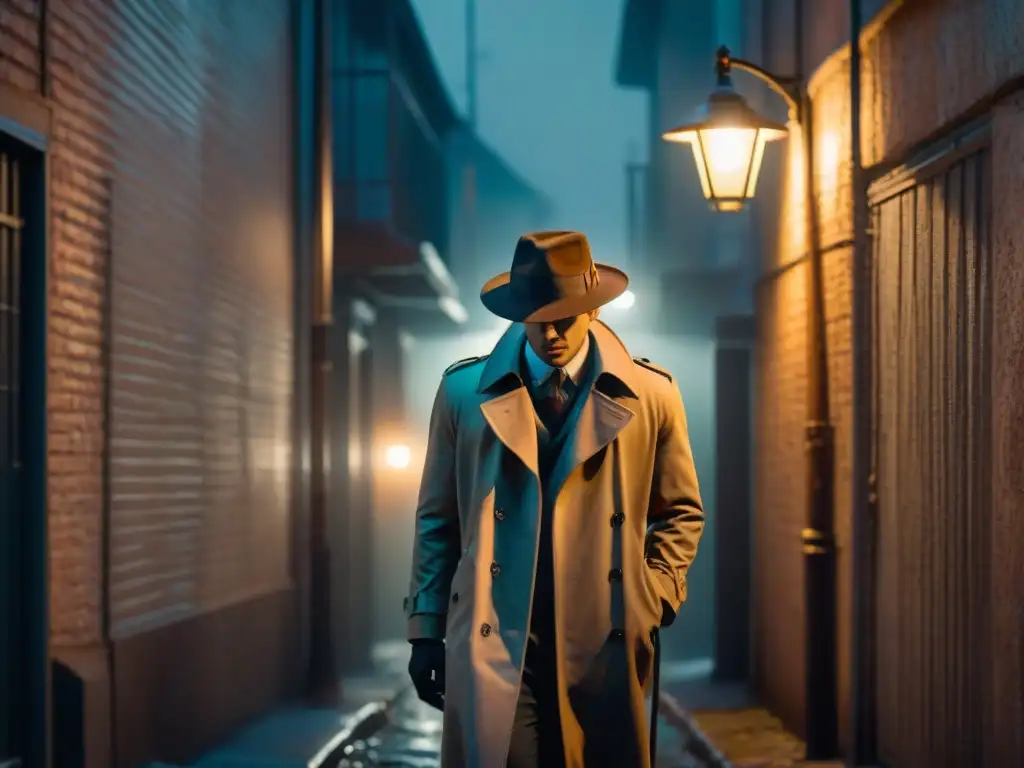 Alleyway nocturno: figura misteriosa bajo la luz Un misterioso detective bajo la luz de la calle en un callejón oscuro, creando una atmósfera noir
