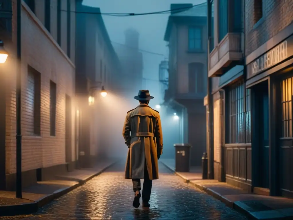 Un misterioso detective bajo la luz de la calle, en un callejón sombrío y neblinoso
