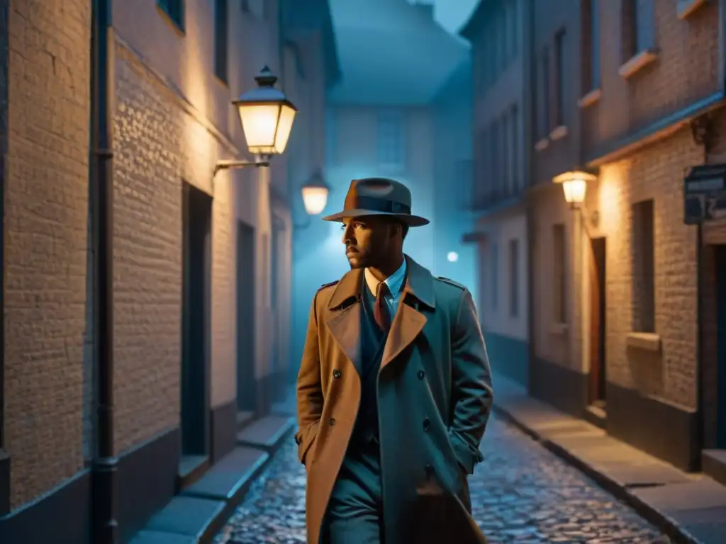 Noche misteriosa en callejón: figura en sombras bajo farola Un misterioso detective bajo la luz de un farol en un callejón oscuro de noche, evocando la criminología en cine y televisión