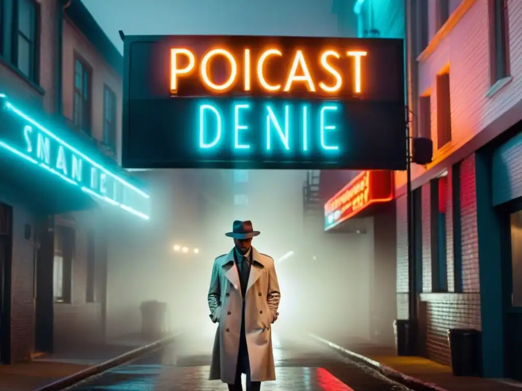 Escena de misterio: Figura en la niebla bajo letrero 'Podcast de Misterio' Un misterioso detective bajo la luz de un farol en un callejón nocturno con neblina, junto a un letrero de 'Podcast de Misterio'