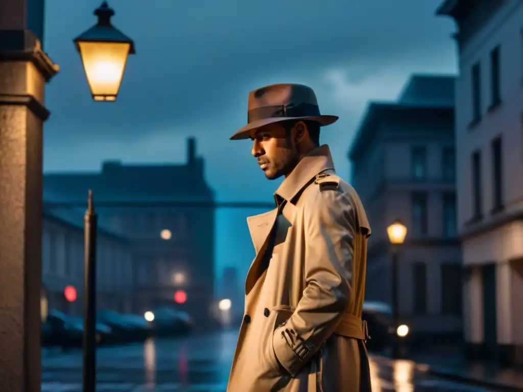 Misterioso detective bajo la lluvia nocturna Un misterioso detective bajo la luz de la farola en una noche lluviosa reflejando suspenso