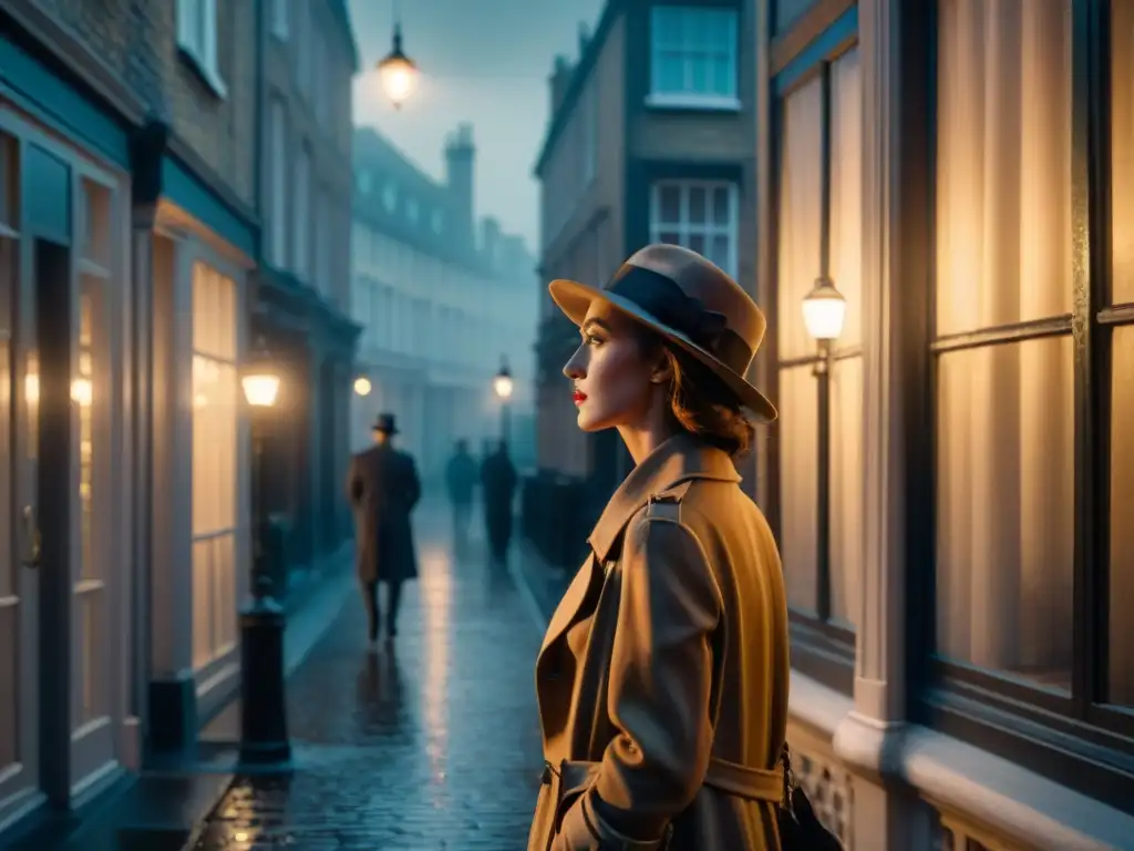 Un misterioso detective bajo la luz de la farola en un callejón londinense, capturando la esencia del cine negro británico