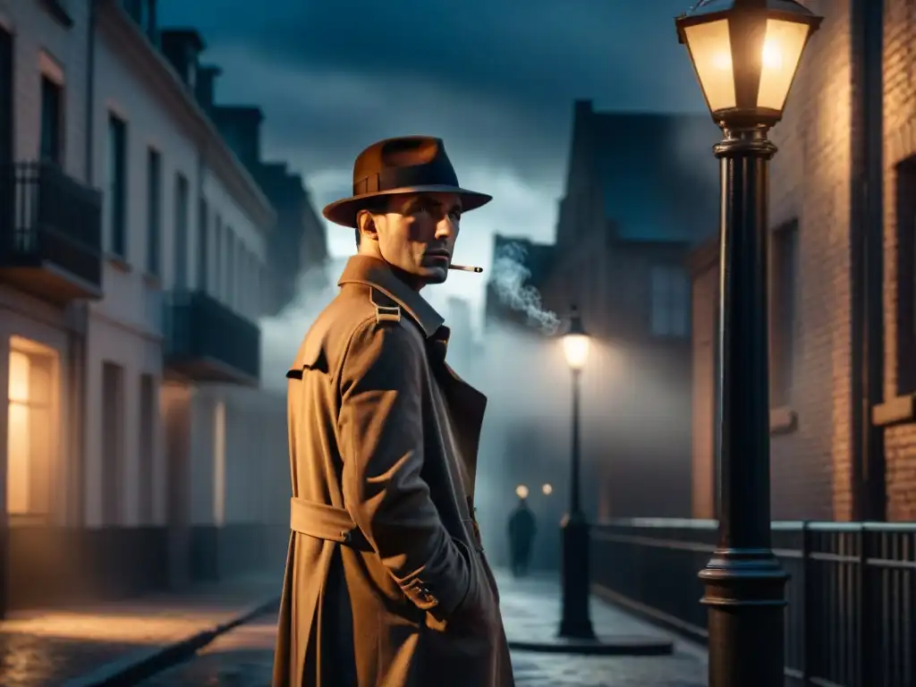 Un misterioso detective bajo la luz de la farola en la noche, evocando el estilo Film Noir