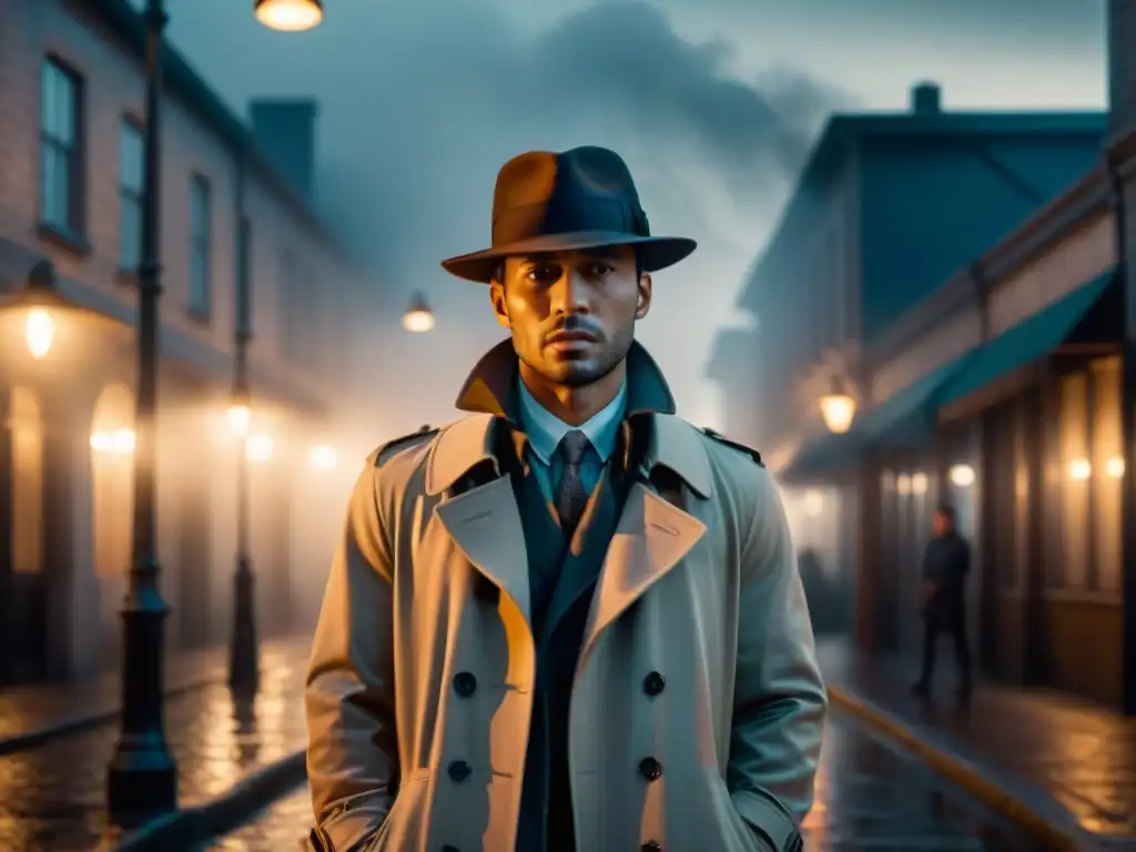 Un misterioso detective bajo la luz de la farola en una escena de film noir