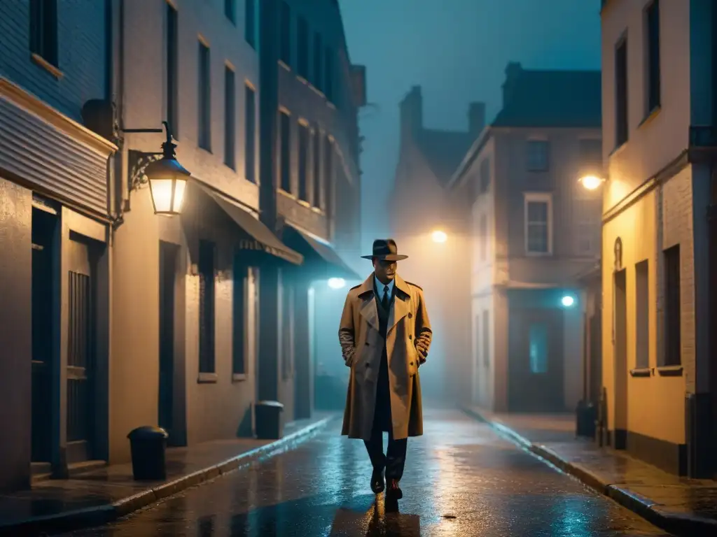 Un misterioso detective, bajo la luz tenue de una farola, en un callejón nocturno