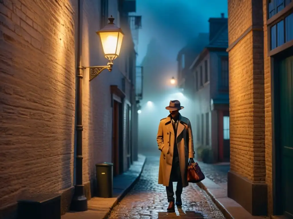 Un misterioso detective en la noche, bajo la luz de una farola en un callejón oscuro