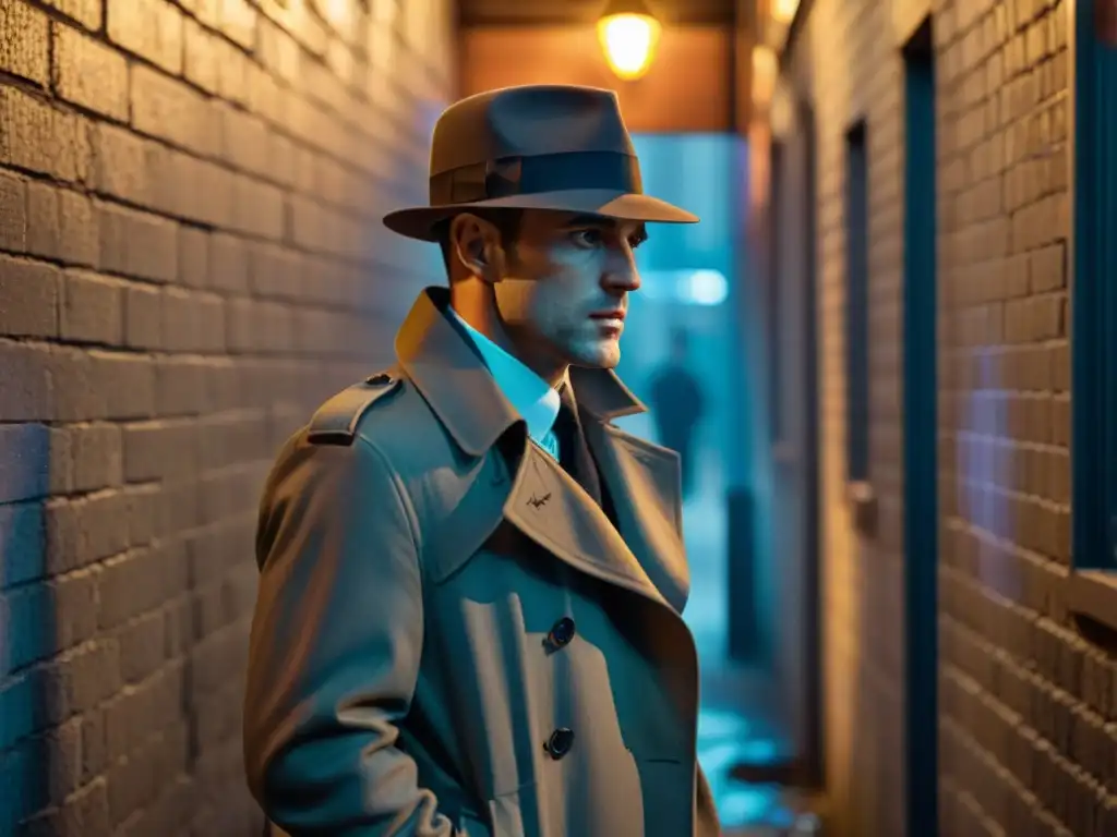 Detective en la penumbra: escena Film Noir con misterioso personaje fumando Un misterioso detective en la noche, entre sombras y luces neón, evoca la Revolución detectives en Black Mirror