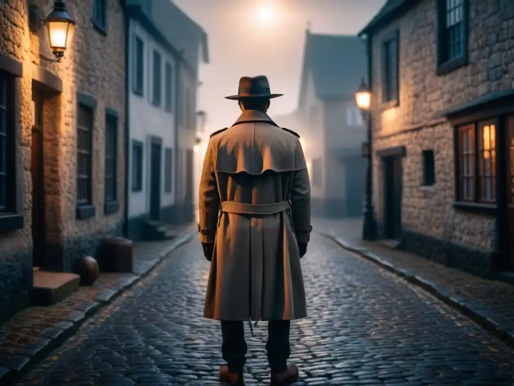 Figura misteriosa bajo la luz de la runa en la aldea vikinga Un misterioso detective nórdico bajo la luz de una runa en un pueblo vikingo