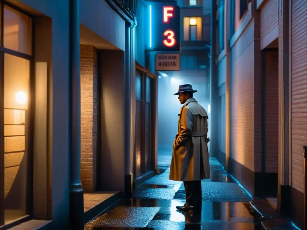 Un misterioso detective observa en la oscuridad de un callejón, bajo la luz de un letrero de neón