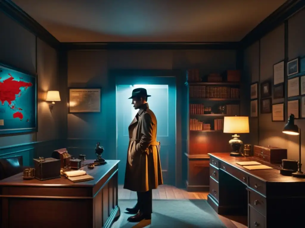 Un misterioso detective en un oscuro despacho de estilo noir con muebles vintage y mapa de pistas