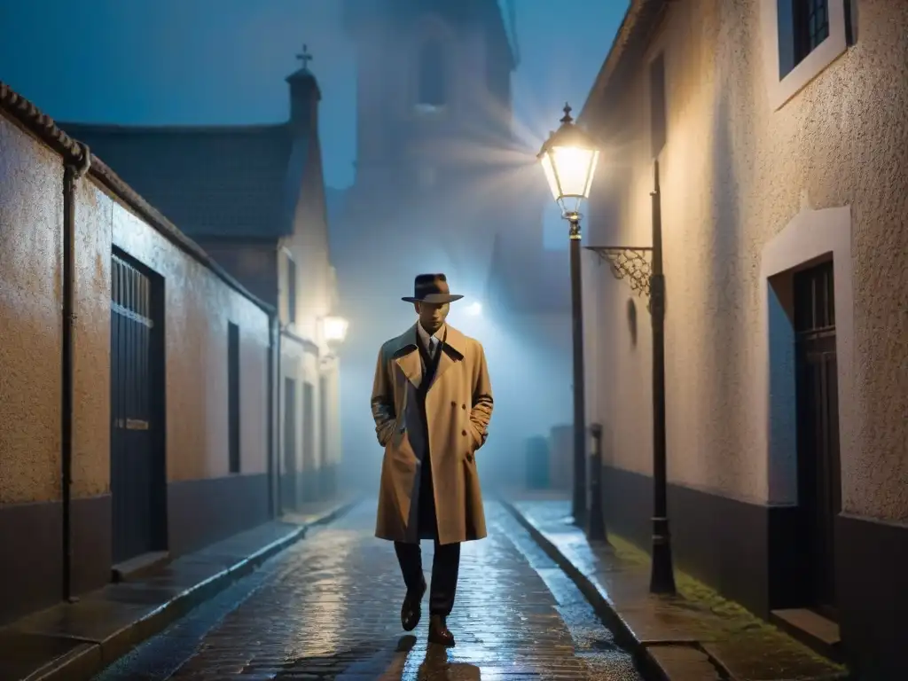 Un misterioso detective de película en un callejón oscuro, con sombrero y gabardina, bajo la luz de la farola