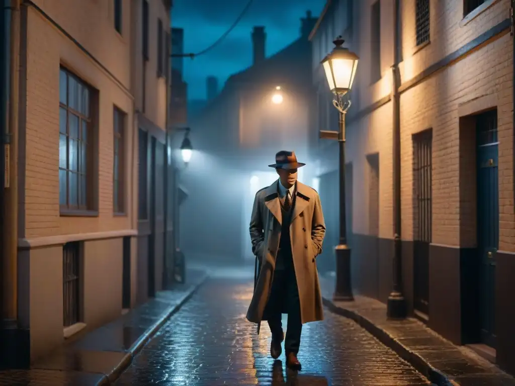 Un misterioso detective de pie bajo la luz de la farola en un callejón nocturno, reflejando la evolución del género detectivesco en pantalla