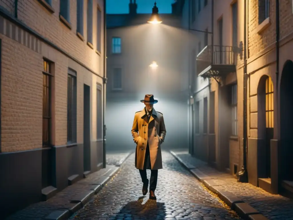 Un misterioso detective de la Psicología de criminales comunes se adentra en la oscuridad de un callejón, bajo la luz intermitente de una farola