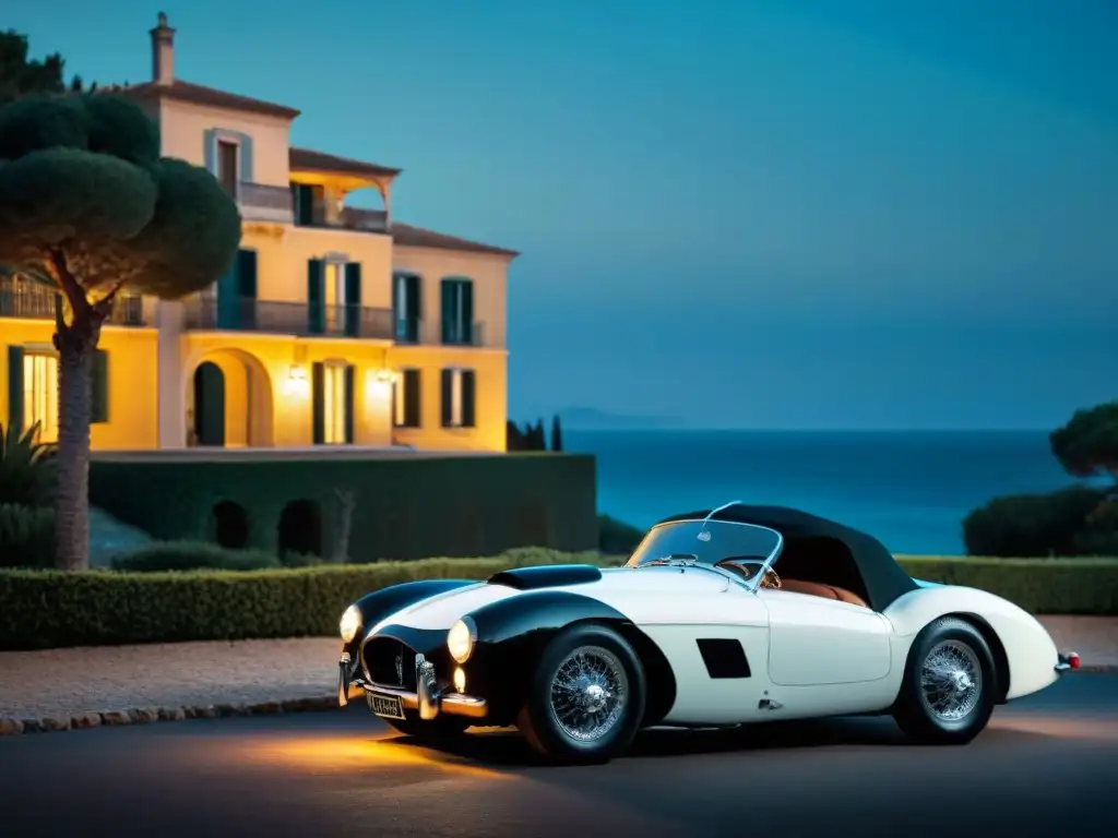 Un misterioso detective en la Riviera Francesa, junto a un elegante coche vintage, bajo la luz del atardecer