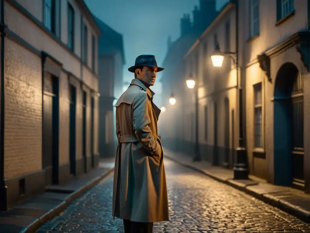 Un misterioso detective en sombras bajo una farola en callejón de cine negro