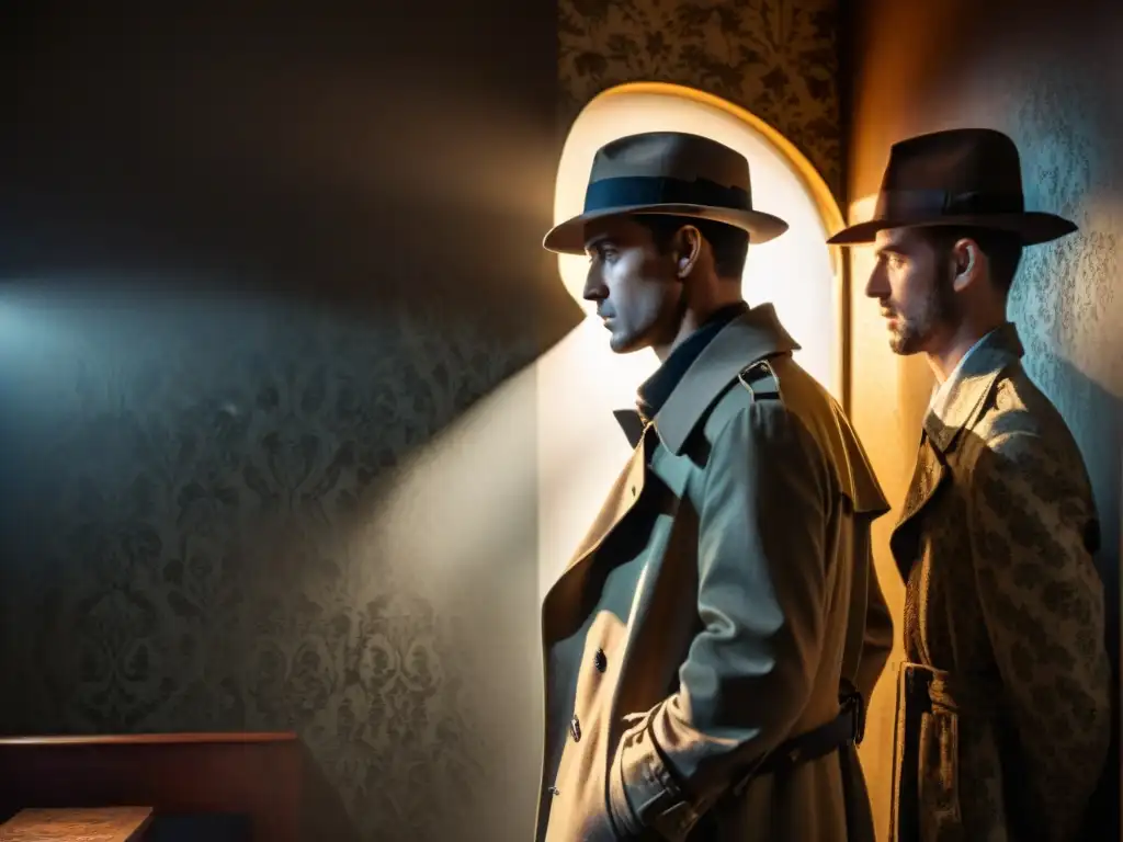 Un misterioso detective con sombras largas, en una habitación oscura