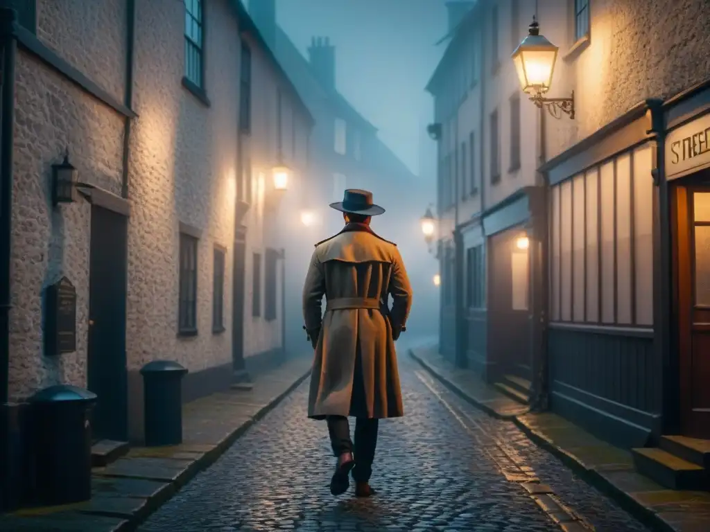 Alleyway misterioso: figura en la niebla mira barco vikingo Un misterioso detective con sombrero y gabardina en un callejón oscuro, frente a una proyección de un barco vikingo