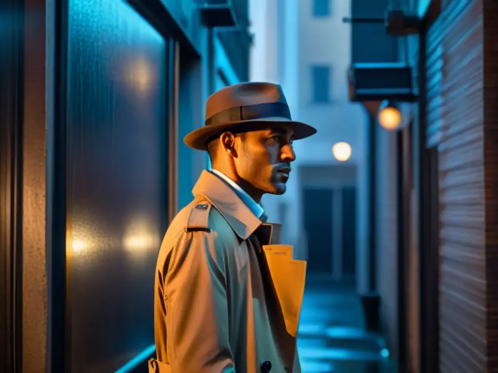 Un misterioso detective con sombrero y gabardina en un callejón nocturno estilo noir, evocando la Psicología del crimen en 'The Mentalist'