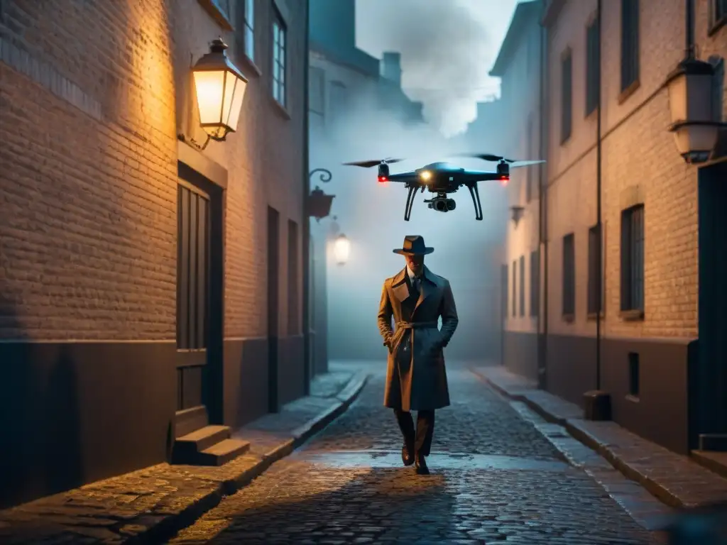 Un misterioso drone planea sobre un callejón en penumbras, con un detective y un coche vintage