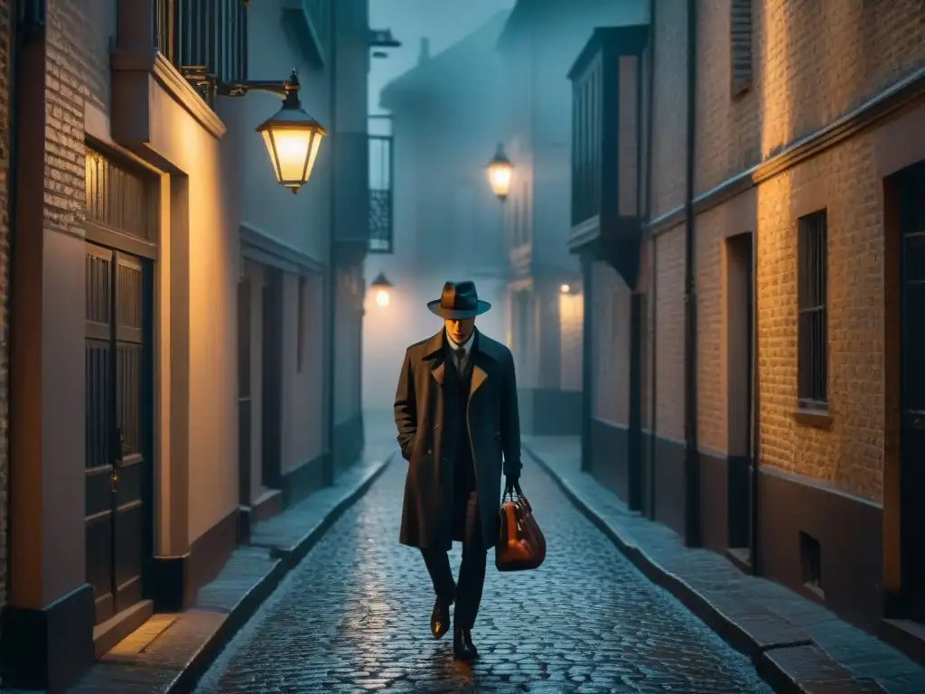 Un misterioso encuentro en un callejón nocturno en blanco y negro