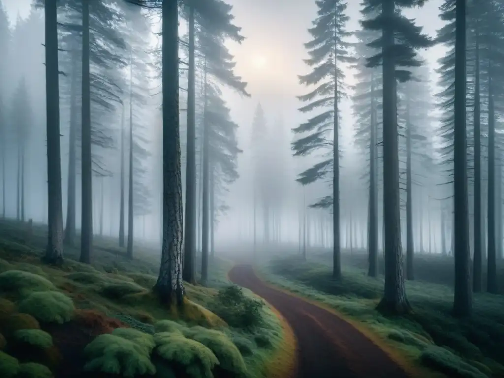 Sendero misterioso: bosque nórdico al anochecer Misterioso escenario escandinavo con niebla, árboles altos y farol vintage iluminando un sendero en penumbra