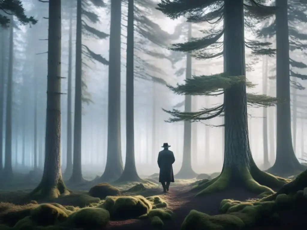 Intrigante figura solitaria en el bosque escandinavo Un misterioso escenario escandinavo: una figura solitaria entre la niebla en un bosque de pinos antiguos