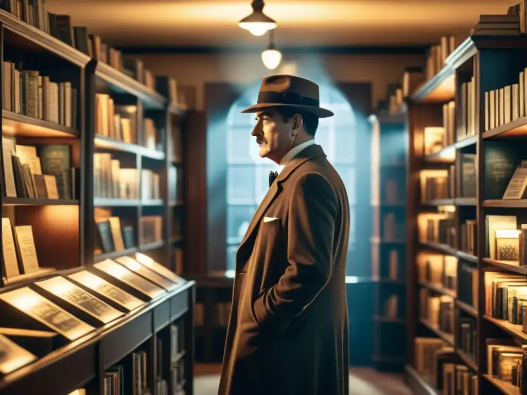 Un misterioso escenario de librería antigua con merchandising oficial Poirot imitaciones, evocando intriga y nostalgia