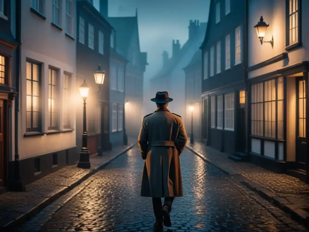 Noche misteriosa en calle adoquinada: misterio y sombras en Escandinavia Un misterioso escenario nocturno escandinavo con neblina, sombras alargadas y una figura solitaria