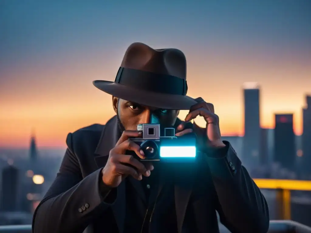 Un misterioso fotógrafo en la sombra capturando la ciudad al anochecer