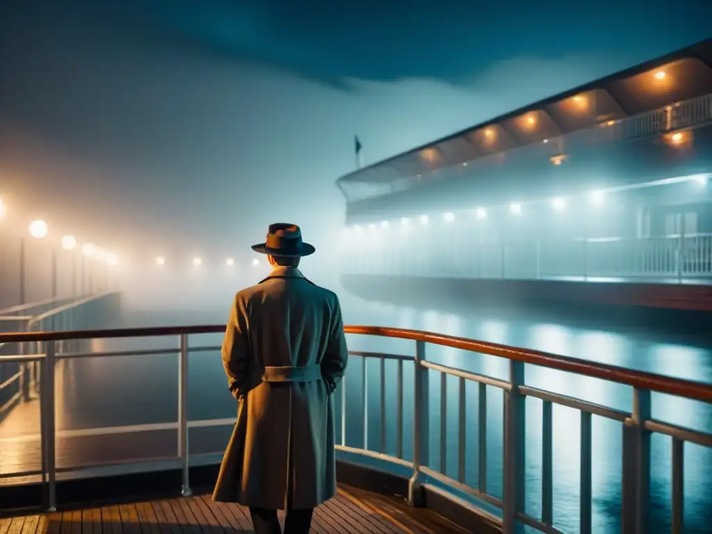 Figura misteriosa en cubierta de crucero, noche de suspense Un misterioso investigador en un crucero temático de crimen, iluminado por débiles farolas en la noche neblinosa