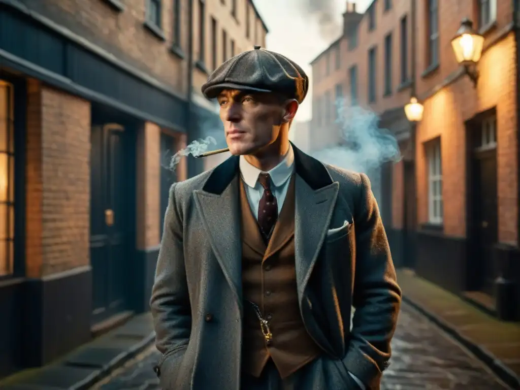 Un misterioso Thomas Shelby en un oscuro callejón, rodeado de humo y sombras