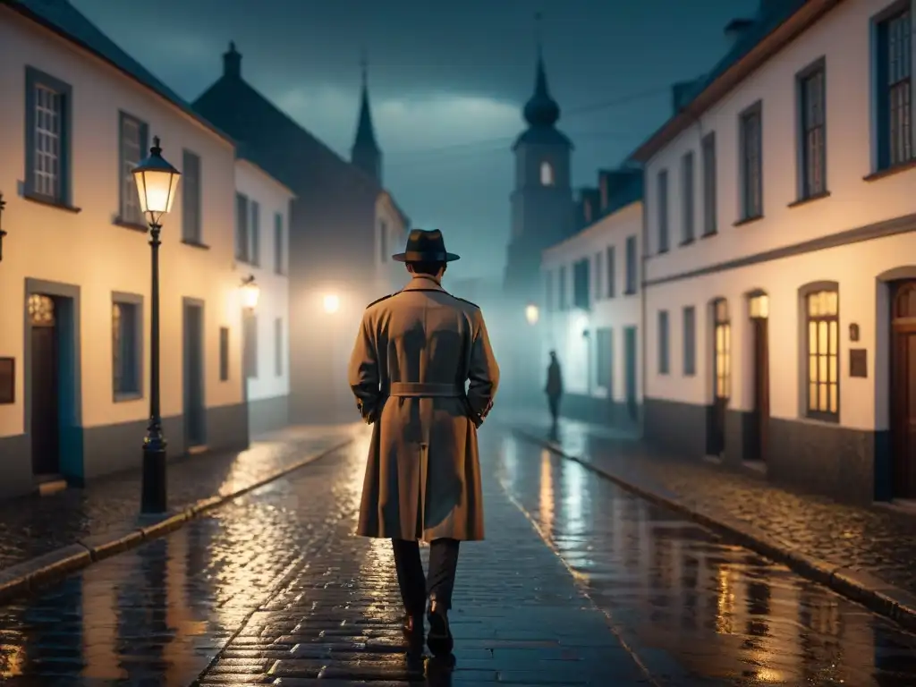 Un misterioso paseo nocturno por una calle sombría en un pueblo costero, evocando crímenes en comunidades pequeñas