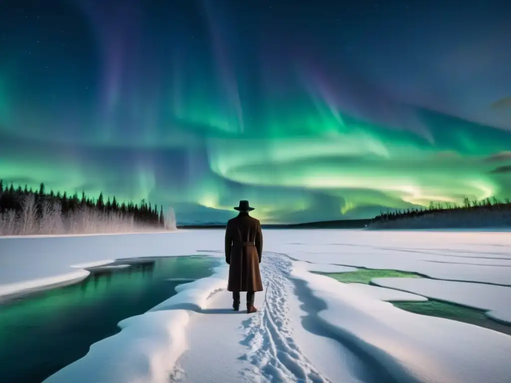 Un misterioso personaje en un abrigo largo oscuro frente a un lago congelado, bajo la aurora boreal