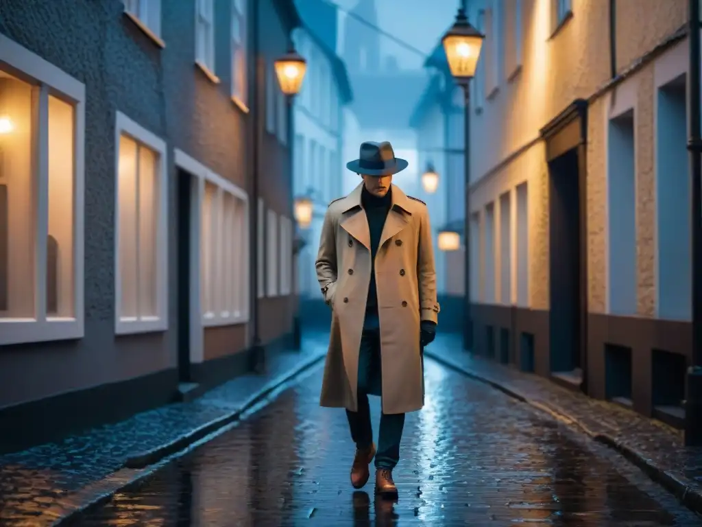 Un misterioso personaje en un callejón escandinavo, bajo la luz de una farola parpadeante