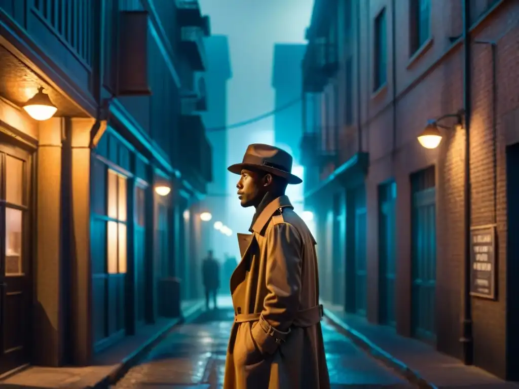 Noche de misterio en la ciudad: figura en la penumbra bajo luces de neón Un misterioso personaje en un callejón con luces de neón, evocando finales abiertos en comedias misterio