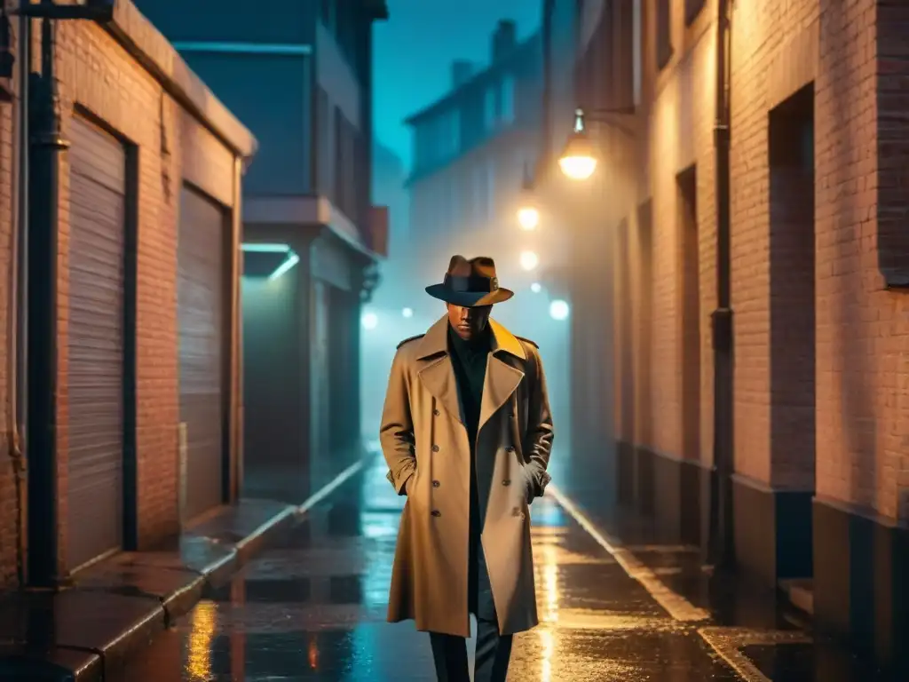 Un misterioso personaje en un callejón nocturno, iluminado por una farola titilante