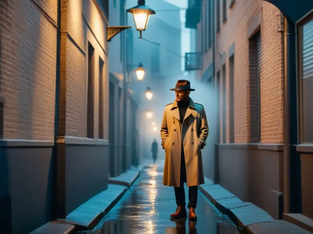 Un misterioso personaje en un callejón nocturno iluminado por una farola en cine noir