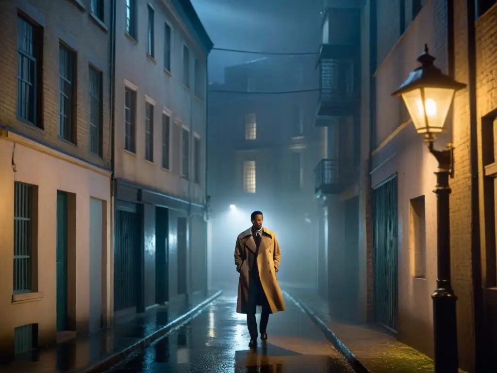 Un misterioso personaje en un callejón oscuro de noche, con un cuchillo brillando en su mano