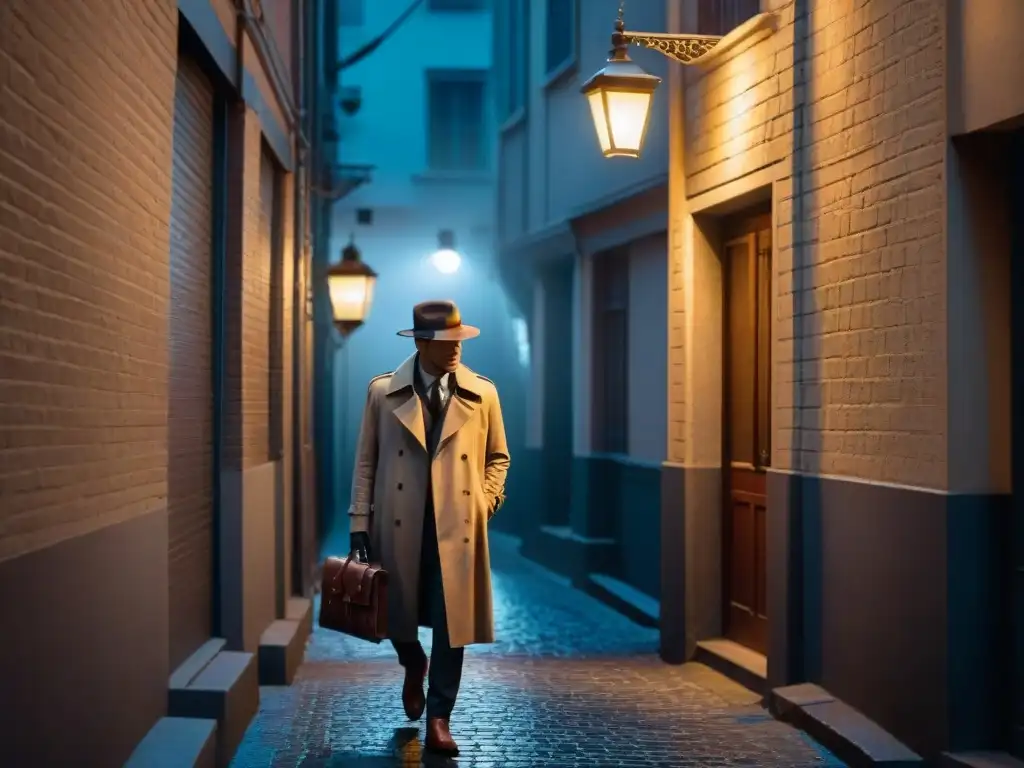 Un misterioso personaje en un callejón oscuro por la noche, evocando la identidad en The Talented Mr